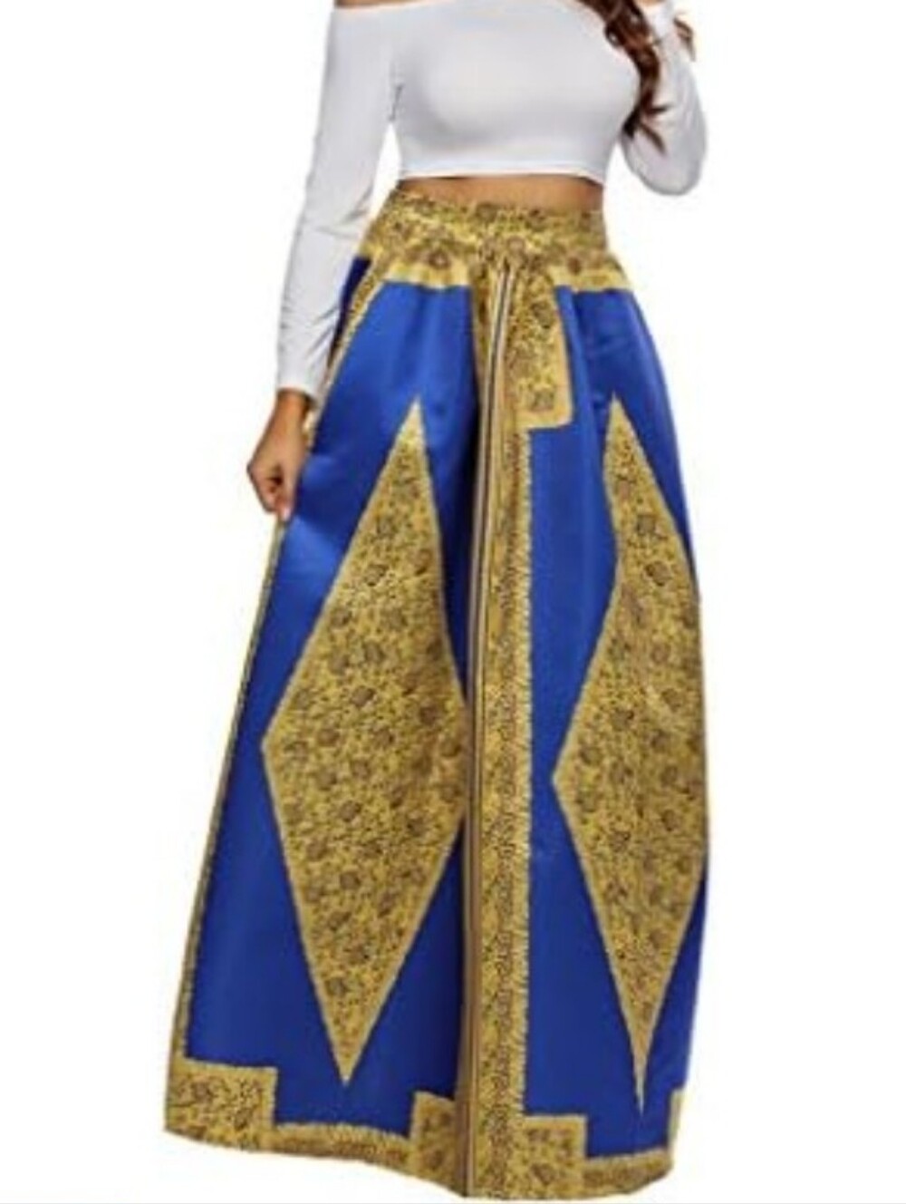 African Print Dashiki Maxi Skirt Royal Blue Gold Stretchy Boho Pockets Large
